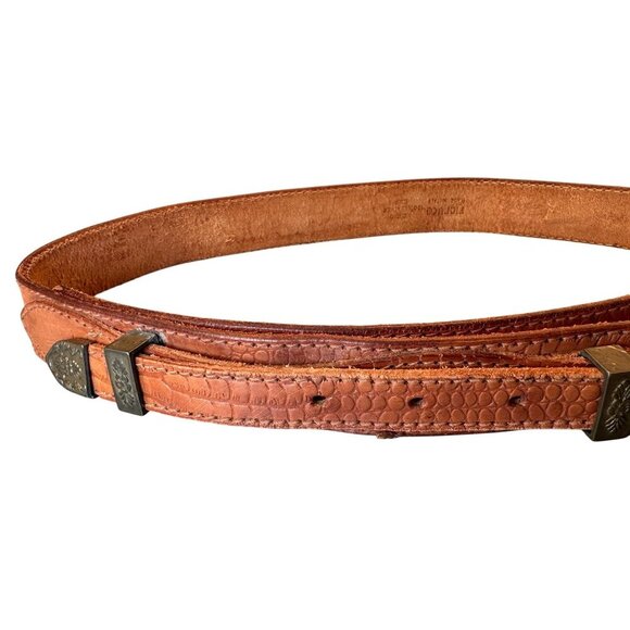 Fiorucci Italy Leather Double Strap Belt Vintage Embossed Brass Floral Accents - Picture 4 of 16